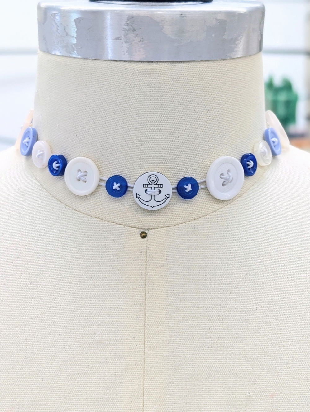 White and Blue Button Necklace- Marine Themed Twee Chocker